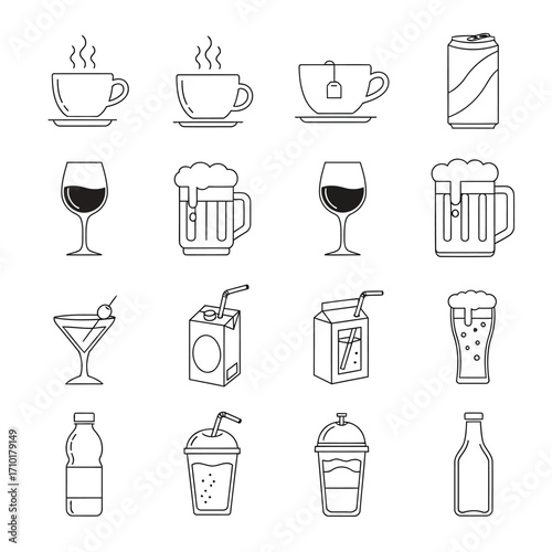 Collection of various beverage icons, including coffee, tea, wine, beer, cocktails, juices, and more.