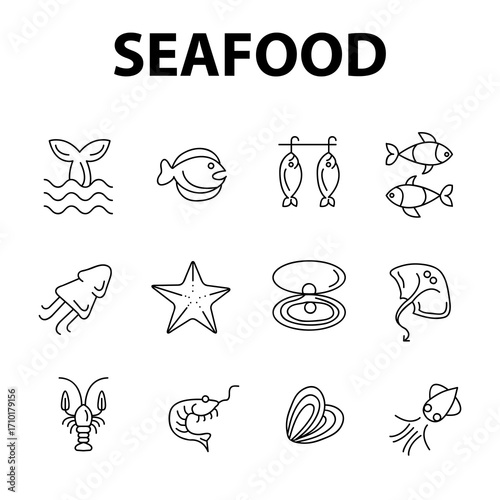 Fish and seafood icon set.  shrimp, star fish, oyster, cramp fish,Symbols Editable stroke. Vector illustration.eps