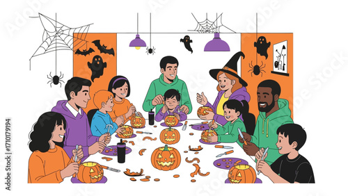 Halloween Family Gathering: A colorful illustration of a family engaged in a spirited Halloween pumpkin carving session, embracing the festive spirit with pumpkins and Halloween decoration.