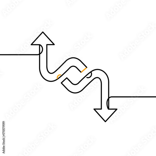 A minimalist line art illustration depicting two arrows, one pointing up and one down, intricately woven together to symbolize complex choices and intertwined destinies.