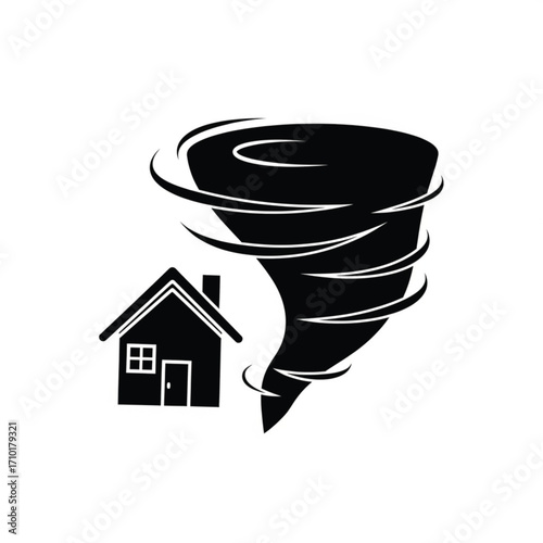 Tornado Destruction A Black and White Illustration of a House Facing a Powerful Twister
