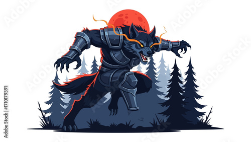 Warrior Wolf Against the Blood Moon: A stylized depiction of a fearsome warrior wolf with intense gaze and imposing stance against a blood moon, representing power, ferocity, and wild nature.