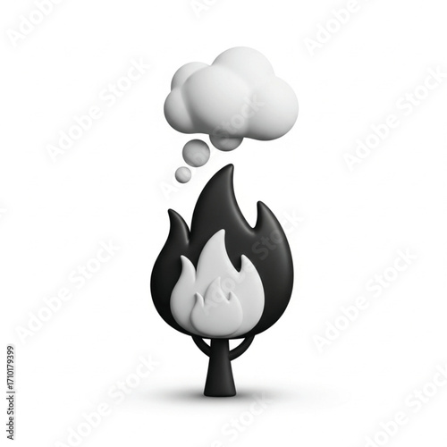 Conceptual 3D rendering of a stylized tree burning intensely, with smoke rising into a contemplative cloud, symbolizing environmental concerns and the urgent need for reflection