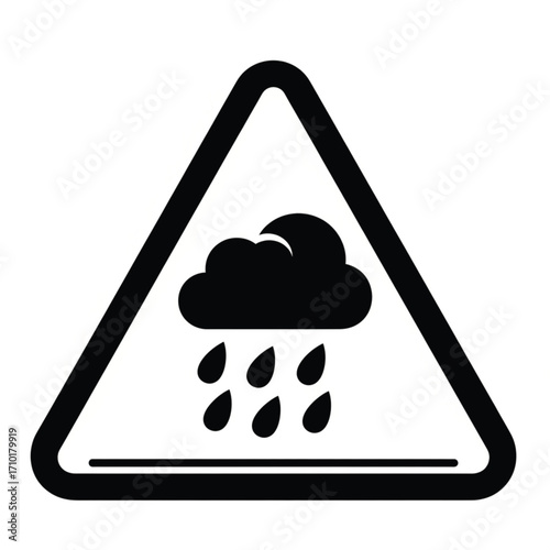 Monochrome vector illustration of a triangular rain warning sign, symbolizing a weather alert for heavy downpours and precipitation