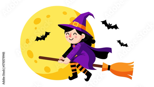 Whimsical Witch on a Broomstick: A cheerful witch, complete with a pointed hat and a wide smile, soars across the night sky on her broomstick, silhouetted against a huge yellow moon, a touch of magic.