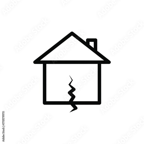 A house symbol with a crack down the middle, representing damage or instability