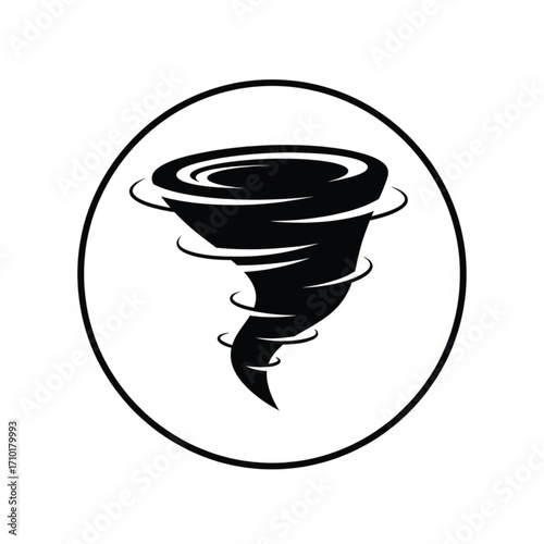 Tornado weather symbol, a black circular icon depicting a destructive whirlwind or twister