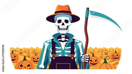 Halloween Skeleton and pumpkin field: A spooky illustration of a skeleton farmer in an orange hat, surrounded by smiling jack-o'-lanterns and pumpkins, evoking a sense of the harvest season. 