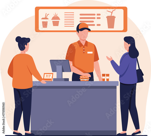 Fast Food Counter Service with Customers and Menu Board.