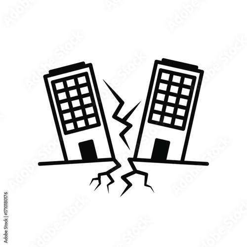Earthquake icon showing building damage and ground cracking, a symbol of seismic disaster, urban risk, and structural collapse