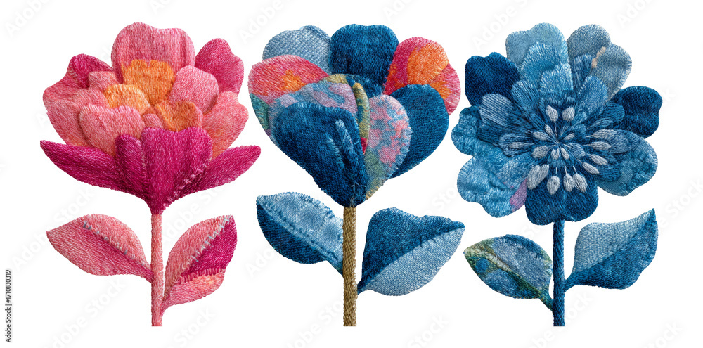 Fototapeta premium Colorful Floral Embroidery Designs on Transparent Background