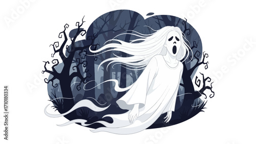 Phantom Silhouette: A spectral apparition glides through a haunted forest, a symbol of the spectral realm, evoking fear and the supernatural.