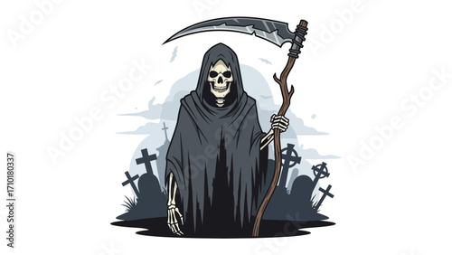 Grim Reaper in Graveyard: An illustration of Grim Reaper stands amidst a graveyard, wielding a scythe, embodying death, finality, and the inevitable cycle of life.