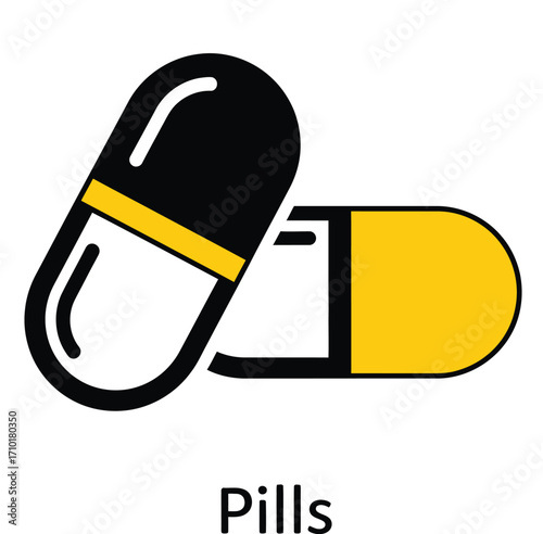 Two black and yellow capsules lying down