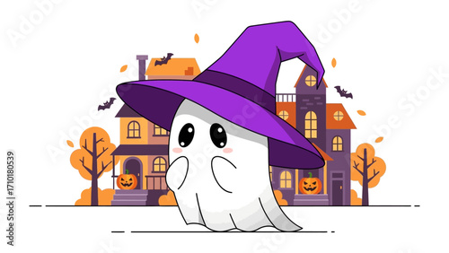 Halloween Ghostly Delight: A cute, cartoon ghost, donned with a playful witch hat, brings the essence of Halloween to life, playfully depicted against a spooky cartoon background of haunted houses.