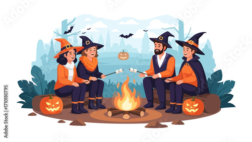 Halloween Gathering Around Fire: A festive Halloween scene featuring a family and friends roasting marshmallows around a bonfire, illuminated by the flames and the glow of jack-o'-lanterns. 
