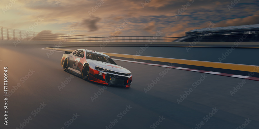 Obraz premium Race cars on 3D track without any branding. 3D render.