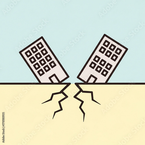 Earthquake Disaster Buildings Split Apart by Ground Crack