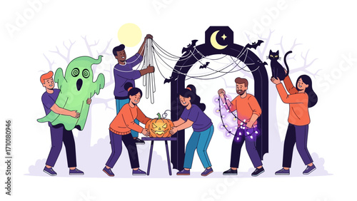 Halloween preparations: A group of friends is creating a spooky decorations with carving pumpkin, spooky character and cobweb under moonlight, ready for an evening of tricks and treats