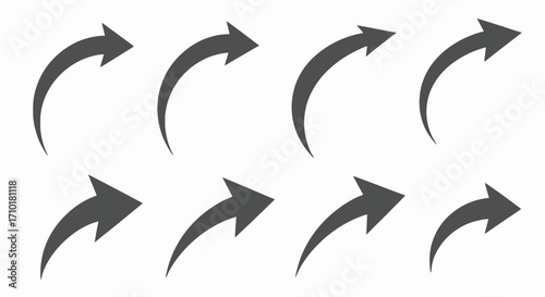 Set of simple, dark gray curved arrows pointing to the right on a white background, ideal for graphic design and web