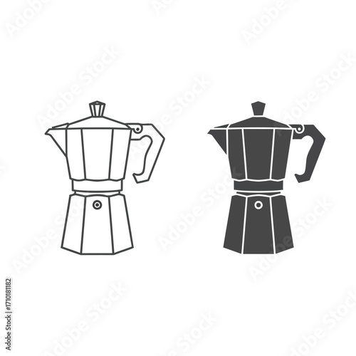 Two vector icons of a classic Italian Moka pot coffee maker, one as a line drawing and one as a solid silhouette.