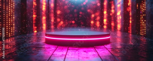 A futuristic neon lit podium stands on a dark reflective stage with glowing background lights