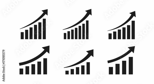 Set of graphic growing bars with upward arrows representing growth and success in business