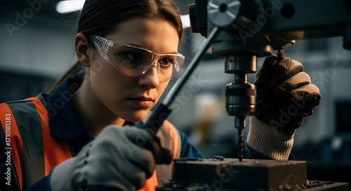A focused female engineer wearing safety glasses and gloves operates a drill press in a workshop, demonstrating precision and skill in a manufacturing environment