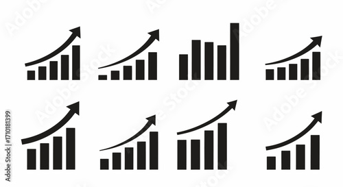 Collection of bar and arrow graphs illustrating upward trends and growth in business and finance