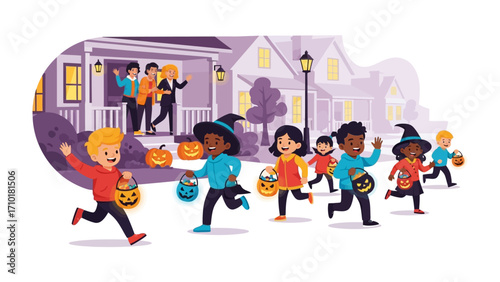 Halloween's Joyful March: A vibrant, illustrated scene capturing a group of diverse children joyfully trick-or-treating through a quaint suburban neighborhood.