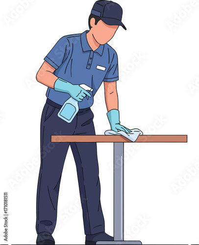 Person in blue uniform cleaning a table with spray bottle and cloth.