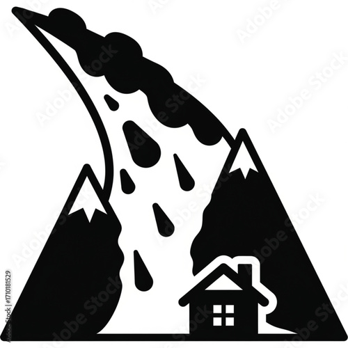 Vector icon showing a destructive landslide or avalanche flowing down mountains towards a house, representing natural disaster, risk, and property danger