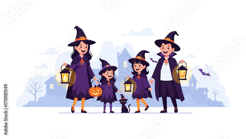 Halloween Night: A bewitching family, clad in enchanting costumes, embarks on a spooky adventure, illuminating the twilight streets with their lanterns. 