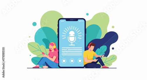 Vector illustration of a podcasting application concept with a man and woman listening to audio content on mobile devices with headphones