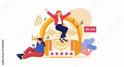 Dynamic illustration of a joyful woman dancing amidst vibrant digital audio waves, symbolizing the immersive world of online podcasts and modern communication