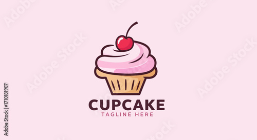 Cute cartoon cupcake icon with cherry. Sweet dessert food symbol for a birthday celebration or bakery logo design template