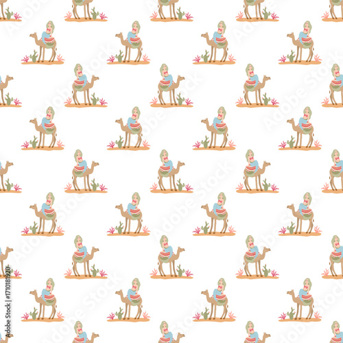 Seamless fantasy pattern with mermaids riding camels among cactus and coral, desert and ocean worlds combined.