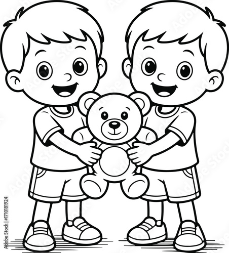Twin Boys Sharing Teddy Bear Cute Black and White Illustration