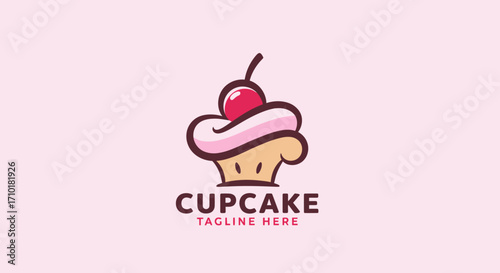 Sweet cupcake logo icon with cherry on top, a delicious dessert symbol for a bakery or birthday celebration. Vector illustration of a cute cake design