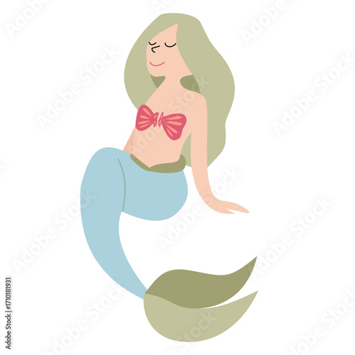 Cute green-haired mermaid illustration with pastel colors, fairytale sea character for children’s and fantasy design.