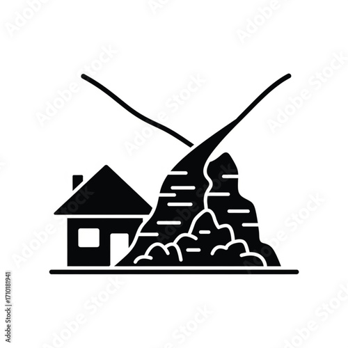 Black glyph icon of a dangerous landslide destroying a residential house, symbolizing a natural disaster and property damage