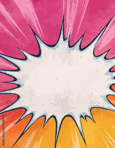 Dieser lebendige Vektor-Hintergrund im dynamischen Comic-Stil zeigt eine explosive Sprechblase mit radialen Linien in leuchtenden Pink- und Orangetönen.