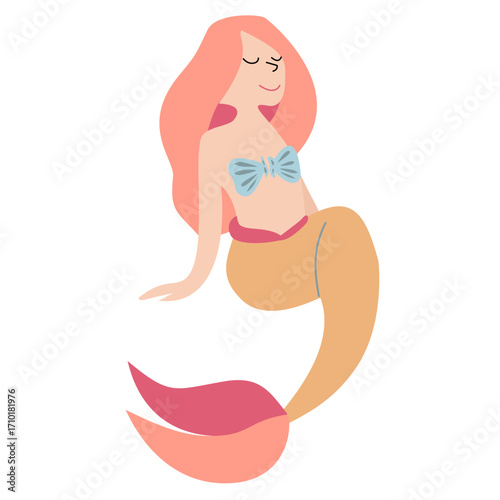 Cute red-haired mermaid illustration in pastel tones, fantasy ocean character for kids, fairytale, and summer themes.