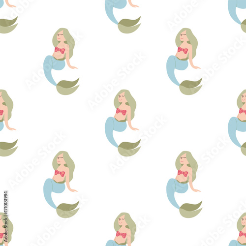 Cute mermaid seamless pattern with pastel colors, ocean fantasy design for fabric, wallpaper, and children’s products.