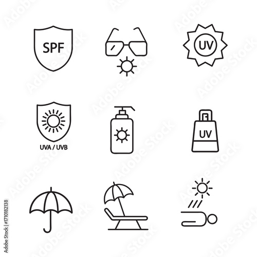 Sun And Protection icon set.  ultraviolet, sunglasses, beach umbrella, SPF protection, sun hat and more. editable stroke. vector illustration.eps