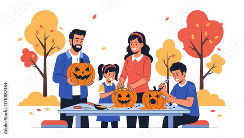 Family Pumpkin Carving Festivities: A joyous family gathers amidst the vibrant autumn foliage to celebrate Halloween. They work on the traditional craft with glee and anticipation