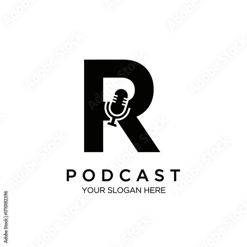 Letter R podcast logo template with a simple microphone icon. Clean and modern black graphic symbol for radio or audio media branding