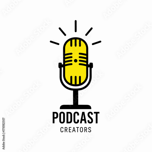 Vector emblem of a classic yellow microphone for a podcast or radio show. Broadcasting sign isolated on a white background
