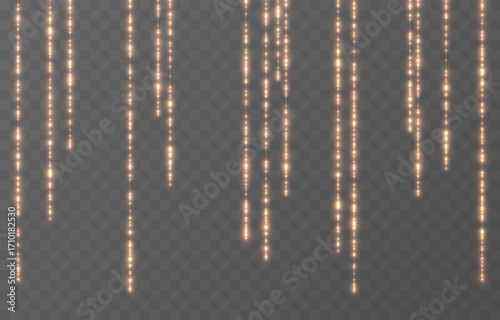 Glowing falling garlands png. Bright Christmas golden lights. Christmas decoration for holiday design.