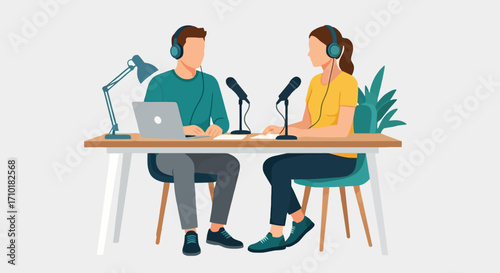 Man and woman with headphones and microphones recording a podcast or radio show in a studio setting. Flat vector illustration